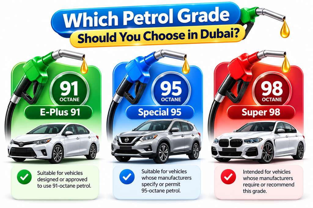 Comparison of E-Plus 91, Special 95, and Super 98 petrol grades in Dubai.