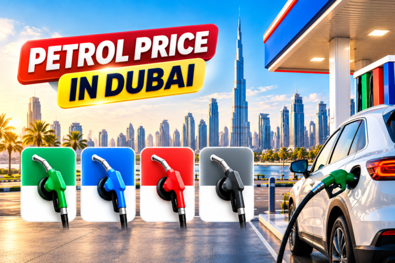 Petrol price in Dubai featured image with Burj Khalifa and a modern petrol station
