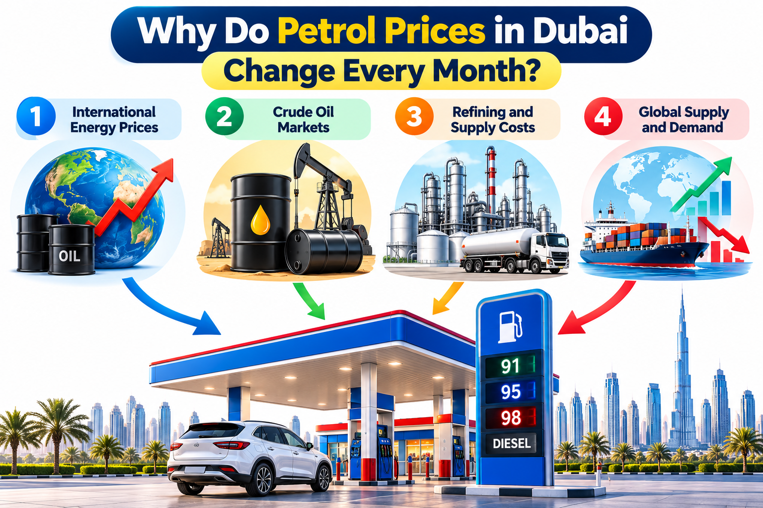 Why petrol prices in Dubai change monthly, showing four key factors affecting fuel costs.