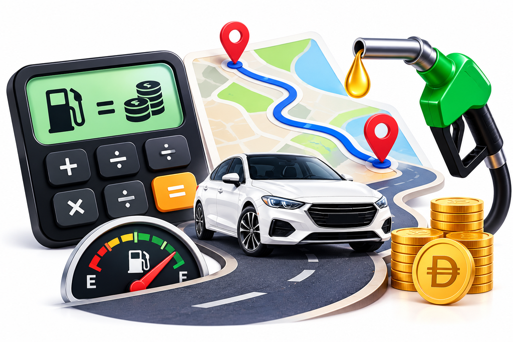 Fuel cost calculator illustration with a car, fuel pump, and route map.