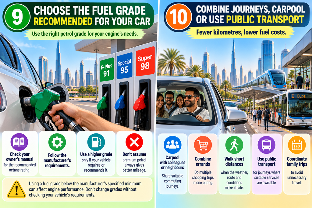 Infographic showing the correct petrol grade and ways to reduce fuel costs in the UAE.