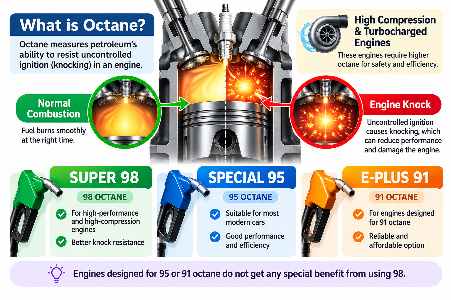 What octane means, engine knocking, and differences between Super 98, Special 95, and E-Plus 91 petrol.
