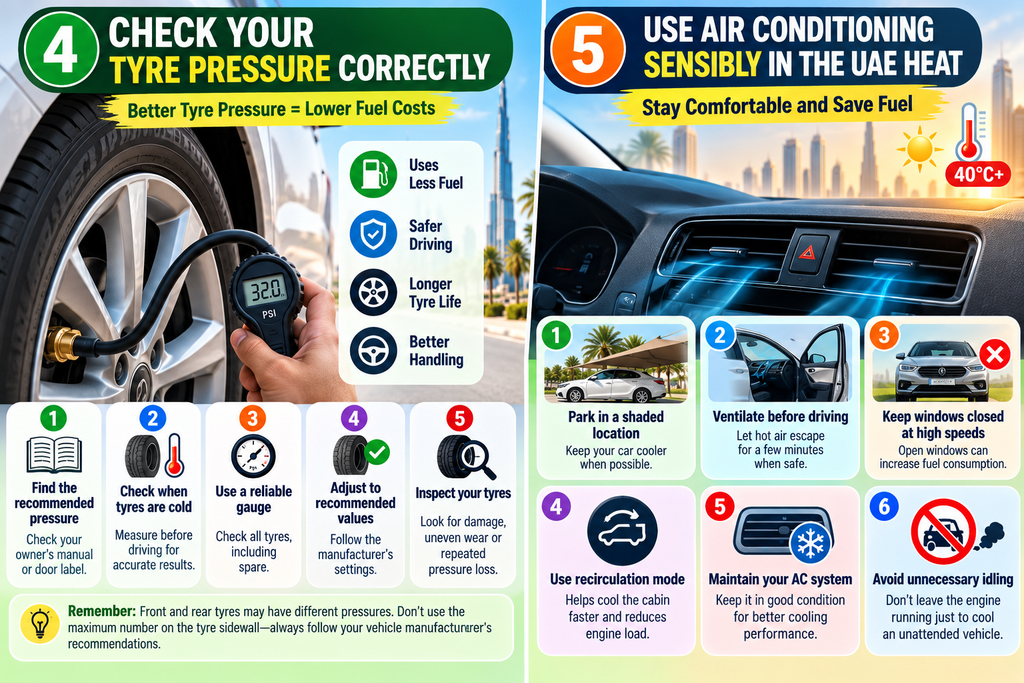 Infographic showing tyre pressure and air conditioning tips to save fuel when driving in the UAE.