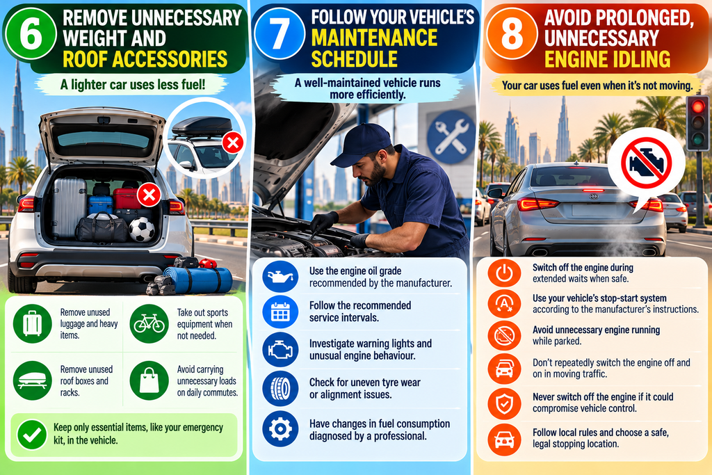 Infographic showing three fuel-saving tips for UAE drivers: remove excess weight, maintain your car, and avoid unnecessary idling.