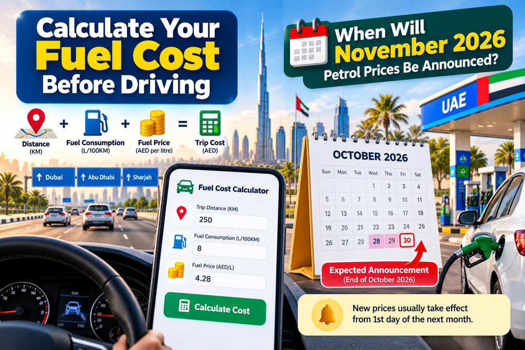 UAE fuel cost calculator and November 2026 petrol price announcement infographic.