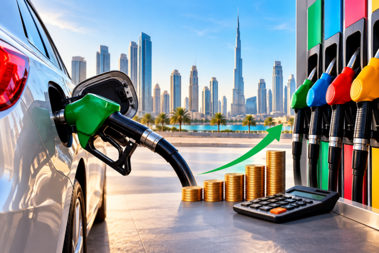 Car refuelling at a UAE petrol station with fuel cost visuals.