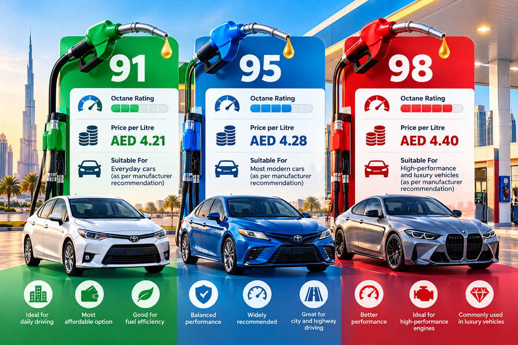 UAE petrol grades E-Plus 91, Special 95, and Super 98 with October 2026 prices.