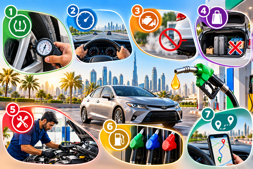 7 practical ways to reduce car fuel costs in the UAE, including tyre pressure, smooth driving, maintenance, and route planning.