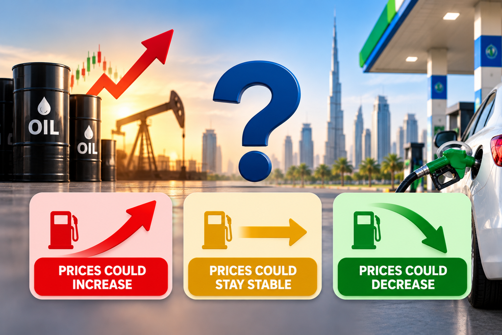 Infographic showing three possible UAE petrol price outcomes for November 2026.