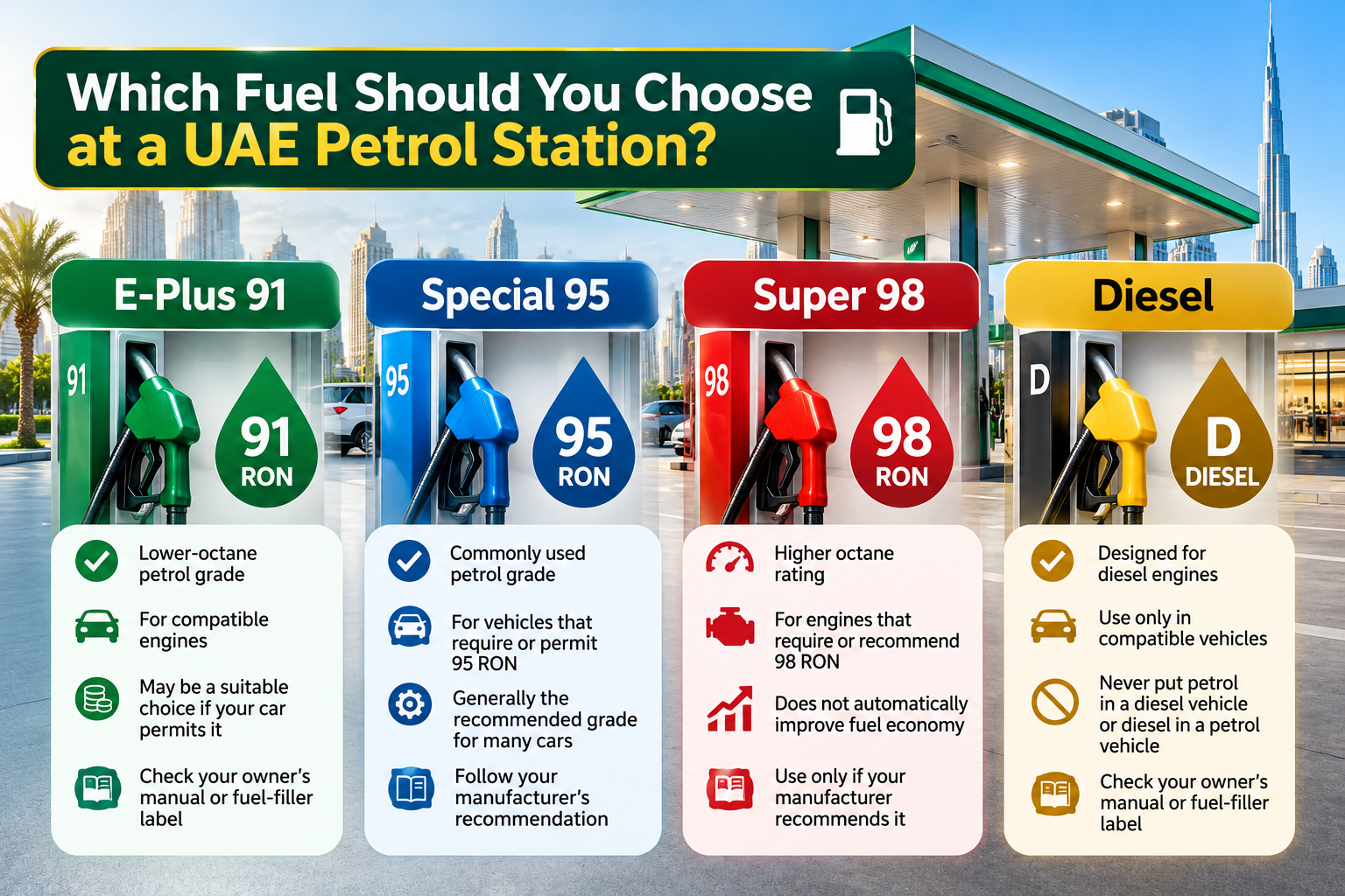UAE petrol grades explained: E-Plus 91, Special 95, Super 98 and diesel fuel guide.