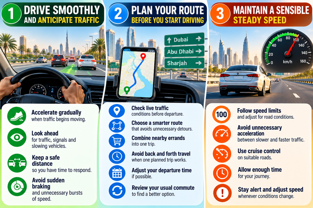 10 fuel-saving driving tips for UAE motorists, including smooth driving, route planning, and maintaining a steady speed.
