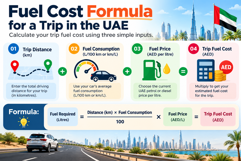 Infographic explaining how to calculate fuel cost for a trip in the UAE using distance, fuel consumption and petrol price.
