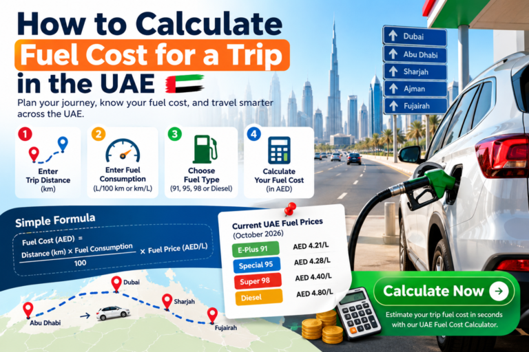 How to calculate fuel cost for a trip in the UAE using distance, fuel consumption, and petrol prices.