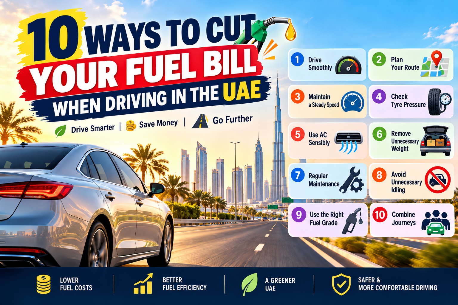 Infographic showing 10 ways to cut your fuel bill when driving in the UAE, including smooth driving, route planning, tyre pressure, AC use, and car maintenance.