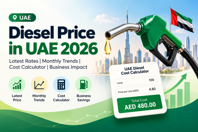 Diesel price in UAE 2026 infographic with fuel pump and diesel cost calculator