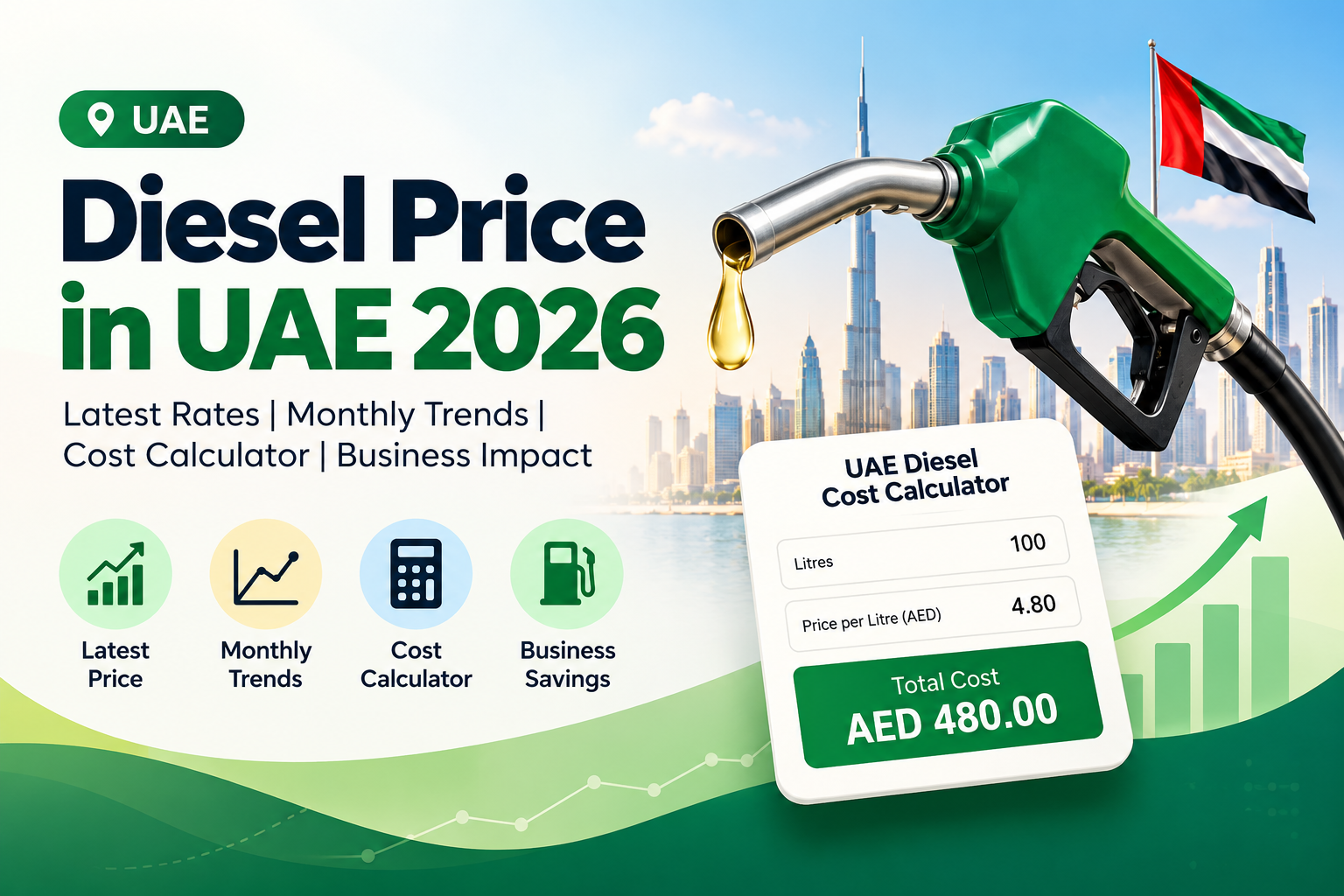 Diesel price in UAE 2026 infographic with fuel pump and diesel cost calculator