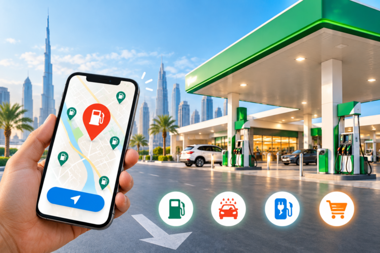 Gas station near me in the UAE with a petrol station locator map.